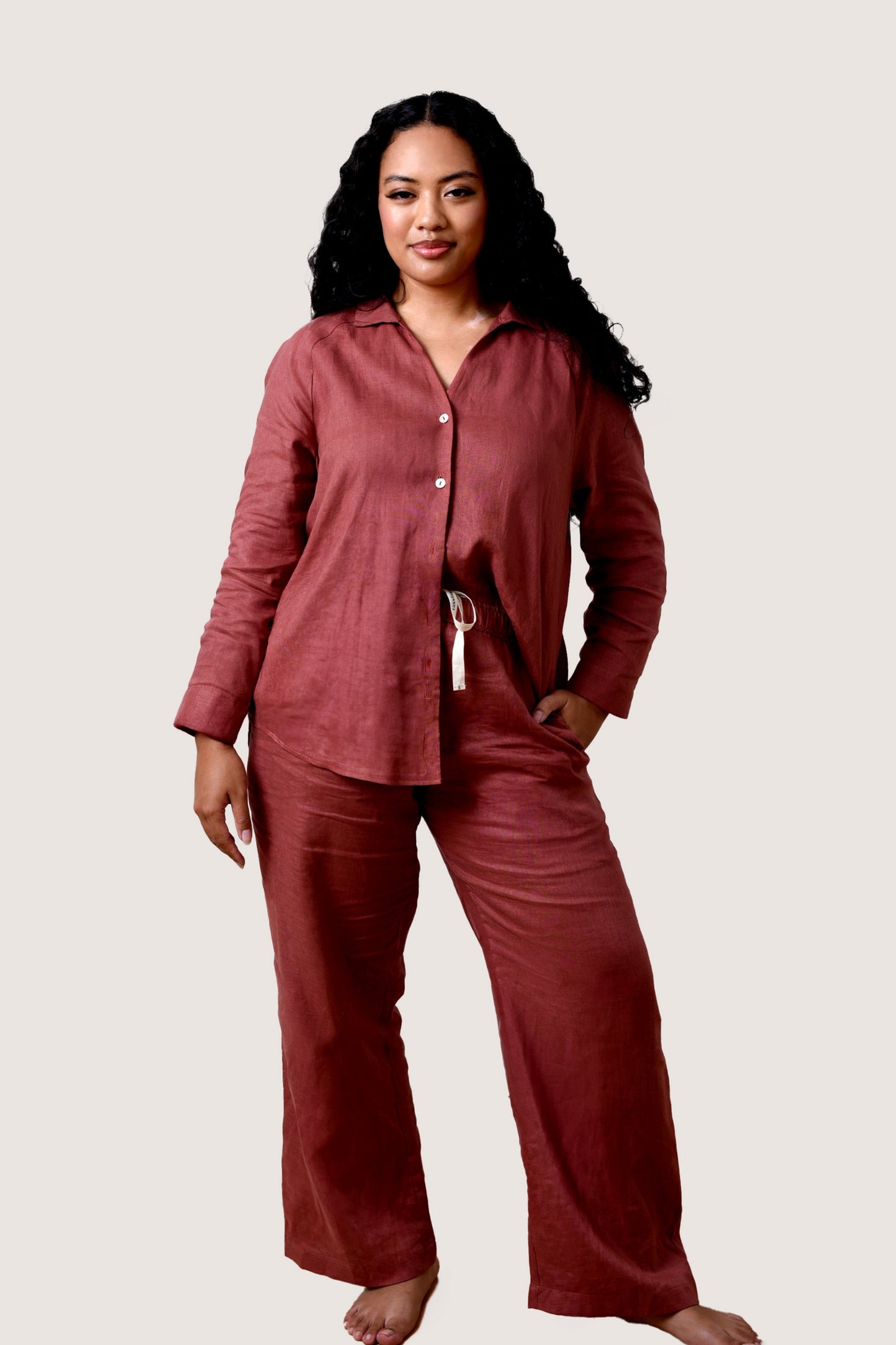 The Serenity Organic European Linen Long Pyjama Set - Cinnamon